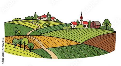 Vibrant rural landscape illustration with charming village scene and diverse agricultural fields