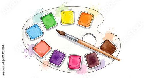 Vibrant watercolor palette with assorted colors and paintbrush creating artistic inspiration