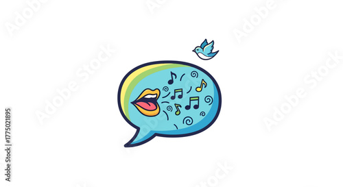 Vocal expression of melodic sounds in a communication bubble icon with a singing bird