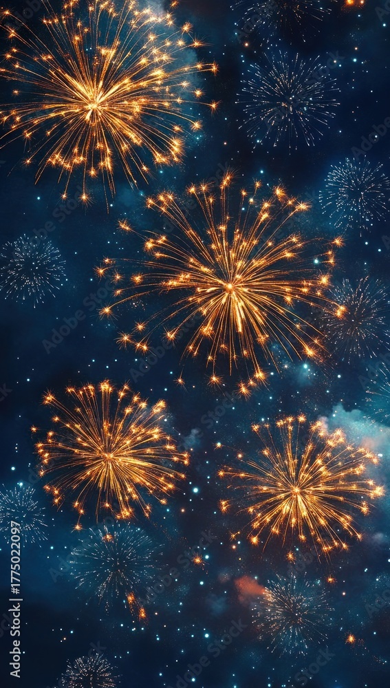 Fototapeta premium Bright golden fireworks explode against a deep blue night sky filled with scattered star-like lights, creating a festive and celebratory atmosphere