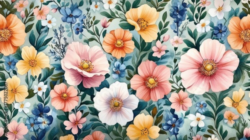 Colorful and delicate floral pattern featuring pink, peach, yellow, white, and blue flowers with green leaves creating a vibrant and lively botanicals composition