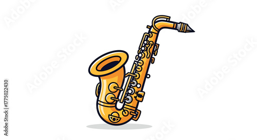Vibrant cartoon depiction of a golden saxophone against pristine white background