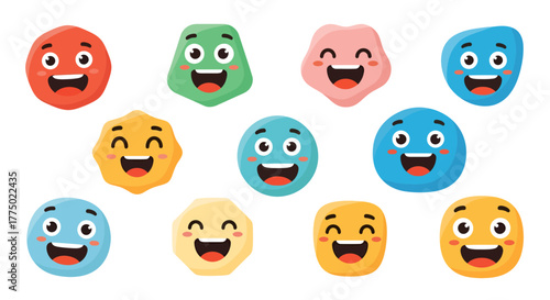 Vibrant collection of cheerful geometric figures expressing delightful emotions and joyful