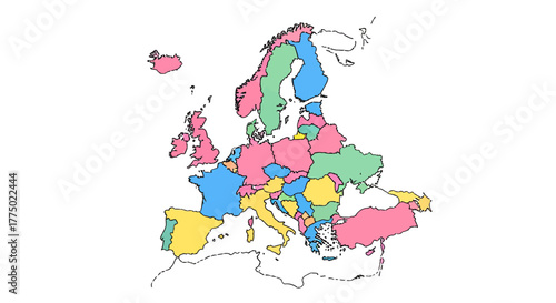 Vibrant European Continent Depiction, Geopolitical Divisions with Pastel Color Palette, Detailed