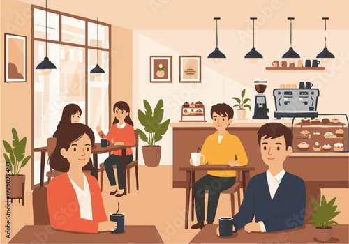 Illustration of people enjoying coffee and conversation inside a cozy cafe with warm lighting and a display of pastries.
