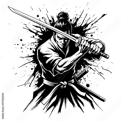 Fierce Samurai Warrior Holding Katana Sword in Dynamic Action Pose