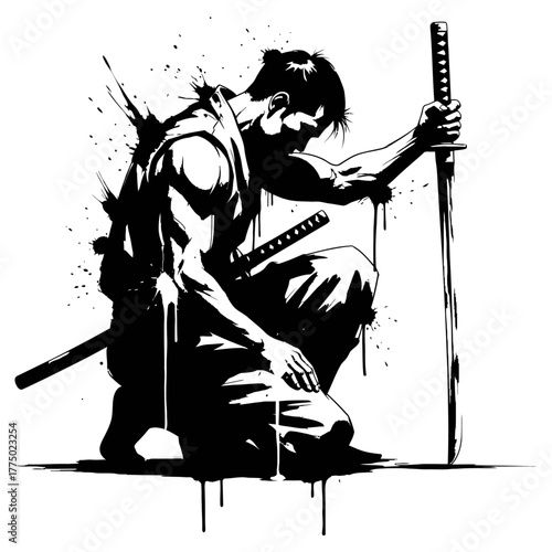 Dynamic Black Ink Samurai Warrior Kneeling with Katana Sword.eps,Dynamic Black Ink Samurai Warrior Kneeling with Katana Sword