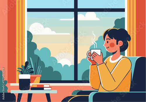 Woman relaxing indoors by the window, holding a steaming cup, with books and plants nearby.