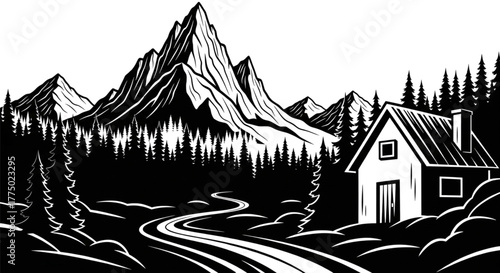 Rustic Mountain Cabin Retreat Winding Road Forest Landscape for Travel Adventure Design