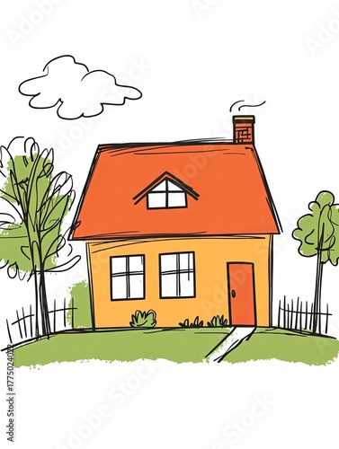 Cozy HandDrawn House with Green Lawn.