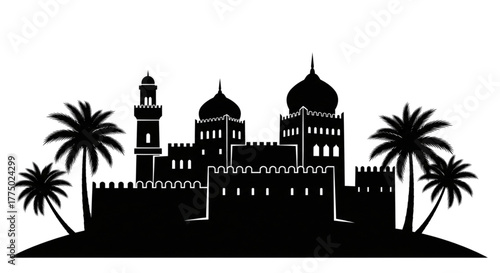 Exotic Arabian Castle Silhouette Palm Trees Desert Travel Tourism Vacation Design Element