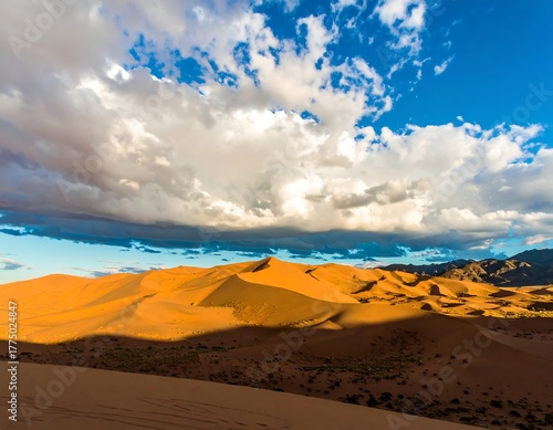 Fototapeta Naklejka Na Ścianę i Meble -  Sunlit desert dunes with dramatic clouds overhead