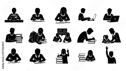 High-Quality Black Silhouette Pictogram Icons of People Doing Homework, Unique Designs on White Background