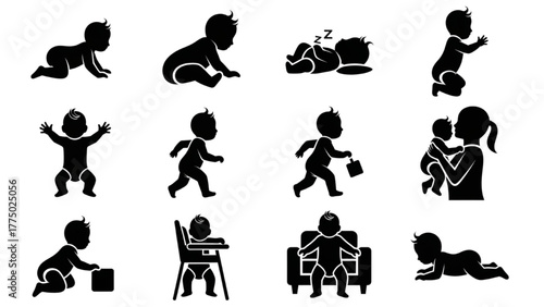 High-Quality Black Silhouette Pictogram Icons of Babies in Various Positions, Unique Designs on White Background