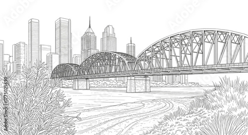 Detailed Black and White Sketch Cityscape with Steel Arch Bridge Over River for Urban Development Projects