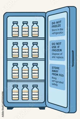Flat vector of refrigerator with labeled insulin vials and safety instructions