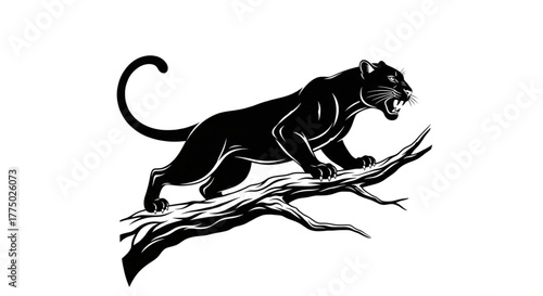 Fierce Black Panther Crouching on Tree Branch for Sports Mascot Design or Wildlife Illustration