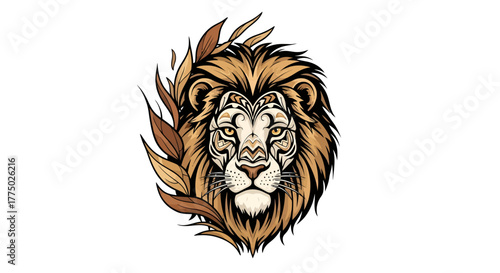 Stylized majestic lion portrait with intricate detail and leafy ornamentation design illustration