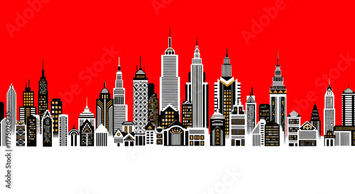 Stylized metropolis silhouette with bold graphic style and vibrant color palette showcasing