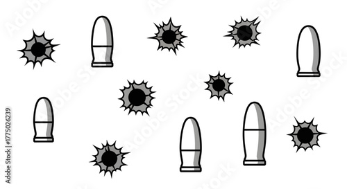 Stylized monochrome array of bullets and impacts against a neutral backdrop offering themes of
