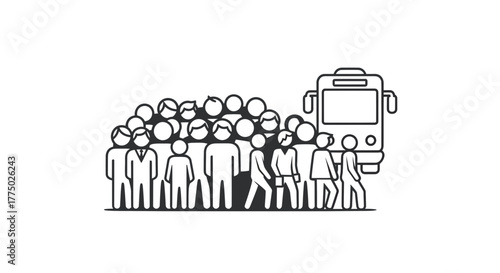 Stylized outline rendering portraying crowd waiting for public transportation bus concept