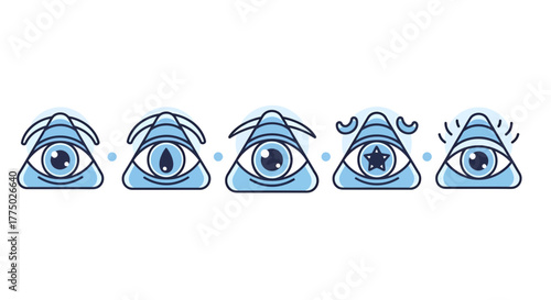 Stylized all-seeing eye emblems in a row conveying themes of perception and oversight in varied
