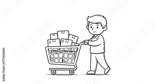 Stylized character pushing a shopping cart overloaded with delivery boxes line art illustration