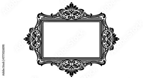 Ornate Rectangular Baroque Frame with Intricate Decorative Details, Isolated White Background