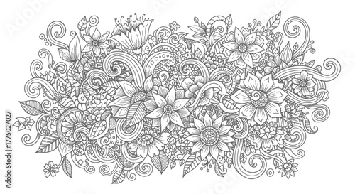 Dense Intricate Floral Doodle Seamless Pattern with Various Flowers and Organic Shapes on Isolated White Background