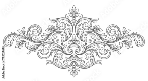 Elaborate Horizontal Floral Ornament with Symmetrical Acanthus Leaves and Scrolls on Isolated White Background