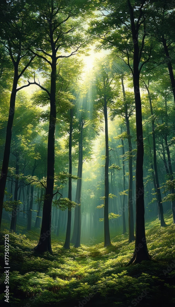Fototapeta premium Sunlight streaming through tall green trees in a peaceful, dense forest with lush undergrowth and a serene atmosphere