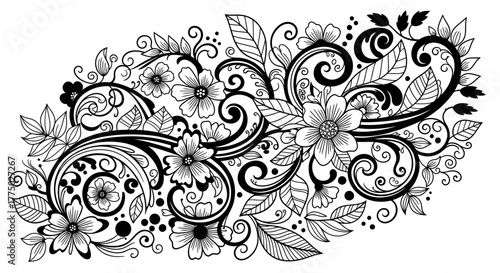 Richly Detailed Ornate Floral Design with Swirls and Leaves isolated white background
