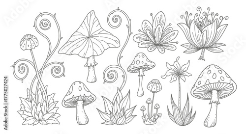 Whimsical Collection of Stylized Forest Mushrooms and Plants Doodle Art isolated white background