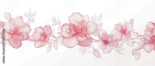 Delicate horizontal arrangement of soft pink hand-drawn flowers with leaves on a white background conveying elegance and tranquility