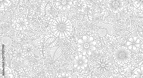 Intricate Detailed Floral Doodle Pattern with Abstract Flowers and Swirls on Isolated White Background