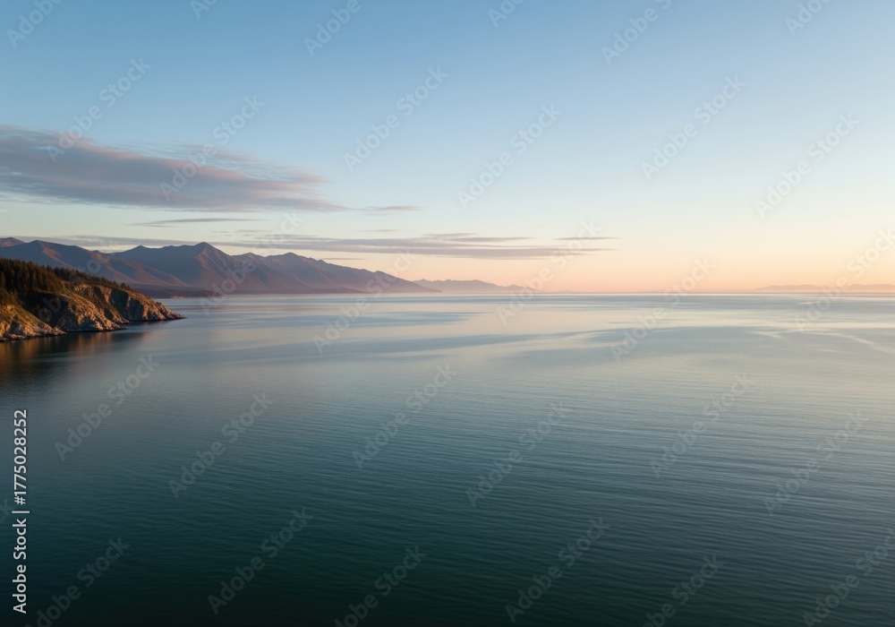 Fototapeta premium Serene coastal strait unfolds under the gentle light of a crisp sunrise and pastel sky.