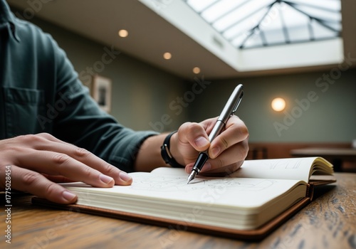 Close up of hands writing or sketching ideas in a journal with a fountain pen.
