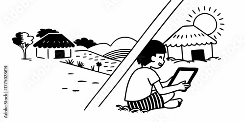Illustration of a girl with a tablet in a rural setting with huts and hills split by a line