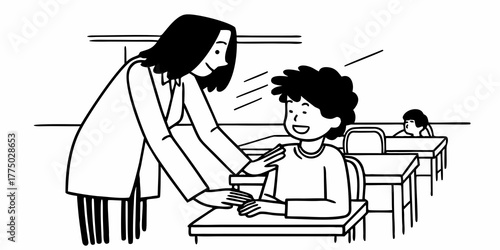 Teacher assisting student at desk in classroom with other students and desks in the background scene design