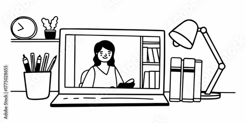 Illustration of a woman on a laptop screen with books and a lamp on a desk in black and white style
