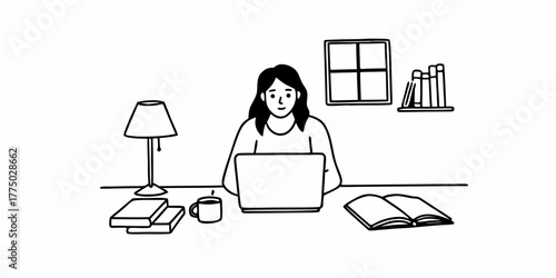 Illustration of a woman working on a laptop at a desk with books and a lamp in a room setting