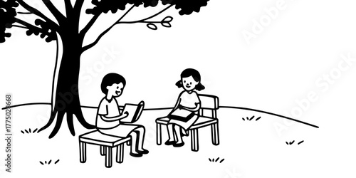 Two people reading books sitting on chairs under a tree in a park in a black and white illustration