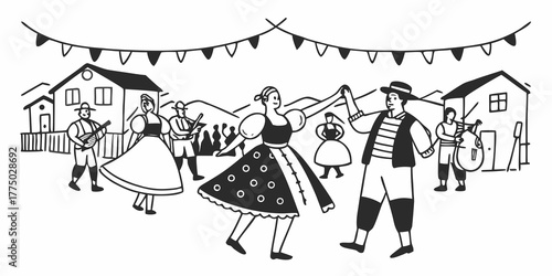 Folkloric festival with traditional dances and musicians celebrating in a village with decorations