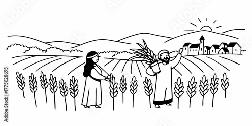 Illustration of a man and woman harvesting wheat in a field with a village in the background landscape