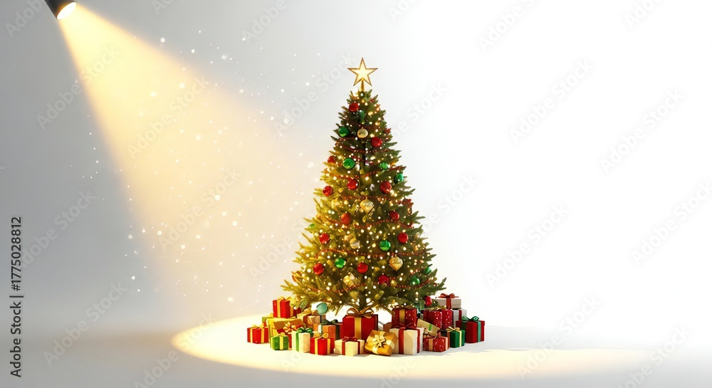 Obraz premium Radiant Christmas tree with star and presents glowing under spotlight, perfect for holiday greetings or seasonal promotion