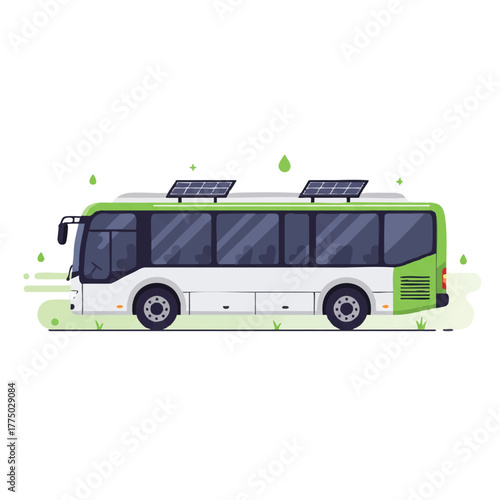 Eco-friendly electric bus vector illustration, powered by clean energy, promoting sustainable public transportation in a modern 2D flat style isolated on a white background.