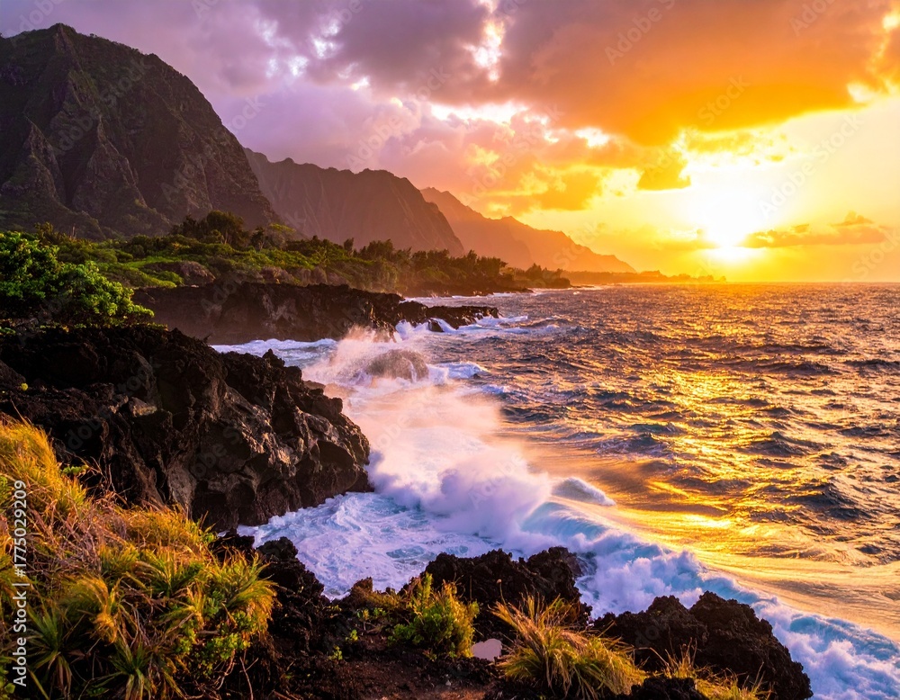 Obraz premium Golden sunset reflections over Hawaiian coastline cliffs, waves crashing against volcanic rocks, glowing orange sky with soft magenta clouds, seascape illuminated by warm sunlight, cinematic landscape