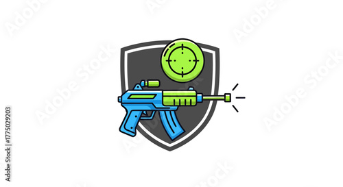 Modern gaming emblem featuring a stylized blaster gun and target on a shield