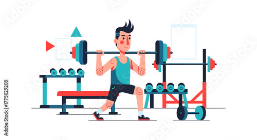 Modern geometric gym illustration featuring male weightlifter during workout session