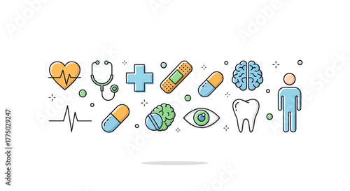 Modern medical banner with diverse healthcare elements including cardiology and neurology